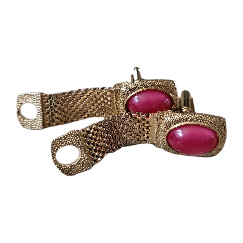 Vintage Swank Gold-Tone Mesh Wrap Cufflinks with Pink Cabochon